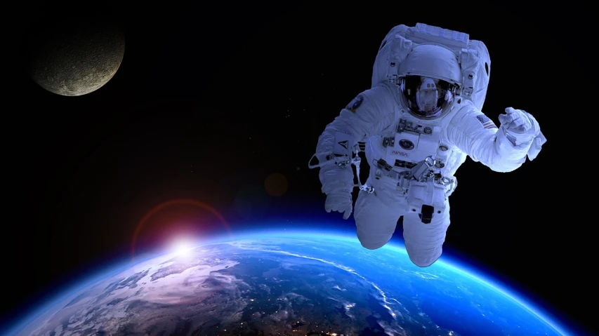 an astronaut floating in the air above the earth, shutterstock, wallpaper - 1 0 2 4, space walk scene, astronaut below, extremely high details