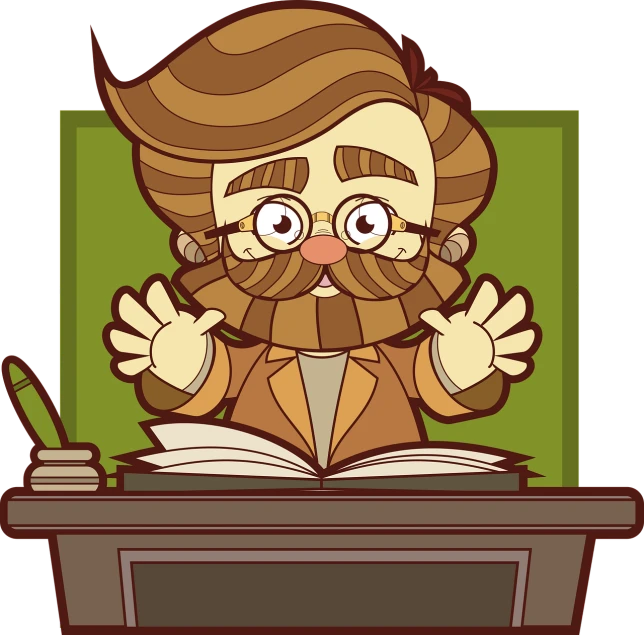 a cartoon man sitting at a desk with a book, vector art, digital art, thick brown beard, whole page illustration, masterpiece illustration, classroom background