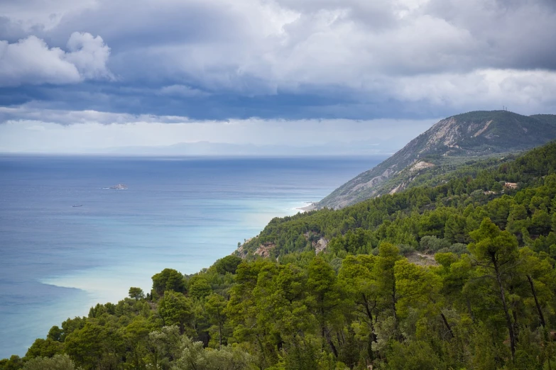 a view of the ocean from the top of a hill, a picture, shutterstock, romanticism, greece, grey forest in the background, stormy clouds on the horizon, beach and tropical vegetation