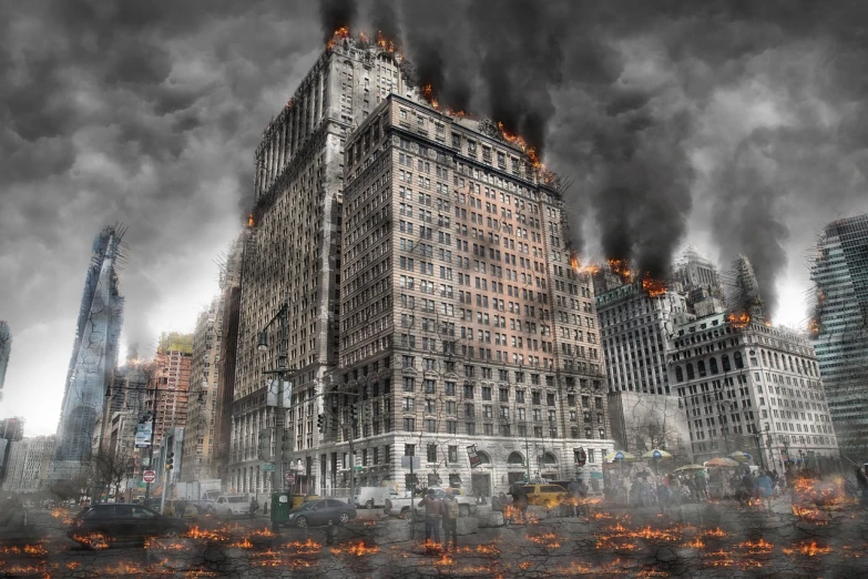 a very tall building with a lot of smoke coming out of it, digital art, by Rudolph Belarski, shutterstock contest winner, digital art, zombie apocalypse, detalized new york background, everything is on fire, 1 9 th