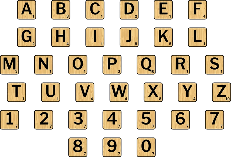 a set of wooden letters and numbers on a black background, a screenshot, serial art, tiles, with a black background, 1 6 x 1 6, tan
