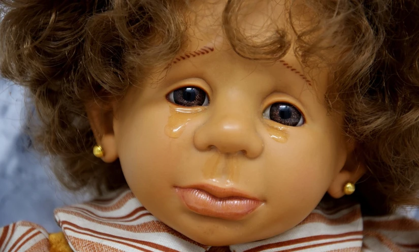 a close up of a doll with tears on it's face, by Linda Sutton, realism, vinyl toy figurine, caramel, 2025, monika