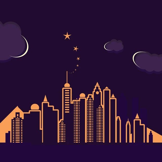 a city at night with the moon in the sky, vector art, art deco, shenzhen, in a shapes background, star, dark purple sky