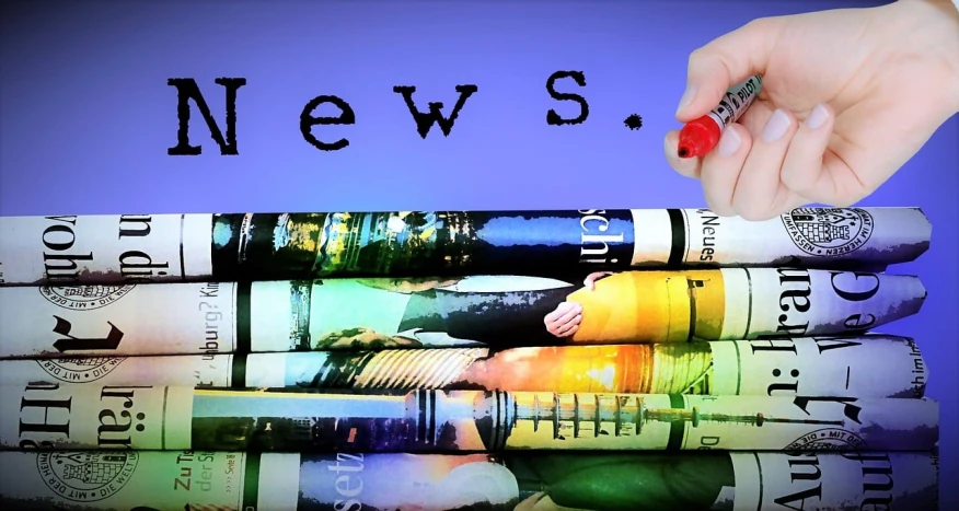 a person putting a red nail on a stack of newspapers, a digital rendering, by Pamela Drew, pixabay, happening, stock footage, book cover!!!!!!!!!!!!, news footage, sharpie