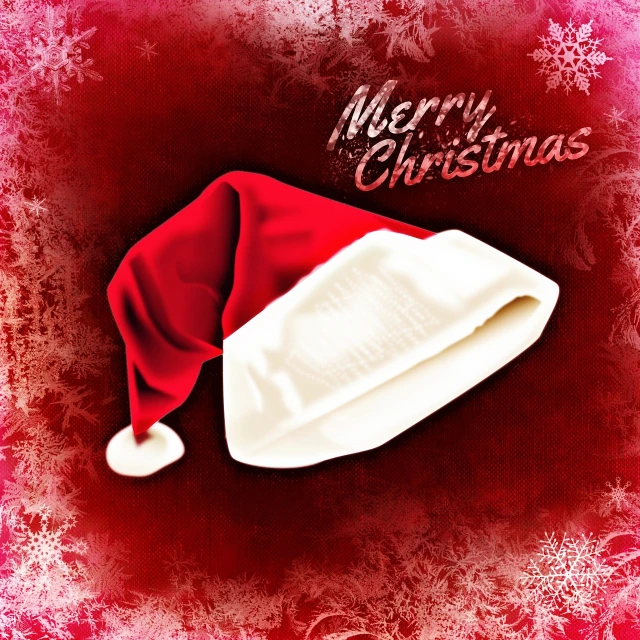 a red and white christmas card with a santa hat, a picture, by Marie Bashkirtseff, shutterstock, digital art. photo realistic, red cloth background, very beautiful photo, very coherent image