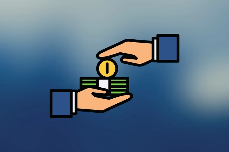 a hand giving a stack of money to another hand, a digital rendering, pixabay, conceptual art, flat color and line, worksafe. illustration, money sign pupils, with a blue background