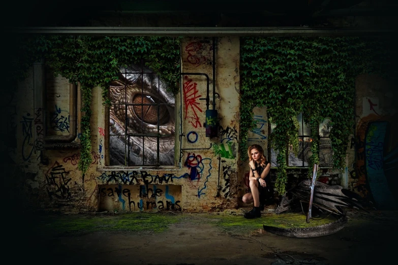 a woman sitting on the ground in front of a building, a picture, inspired by Fabien Charuau, flickr contest winner, graffiti, post apocalyptic room interior, with ivy, eye catching composition, photobashing