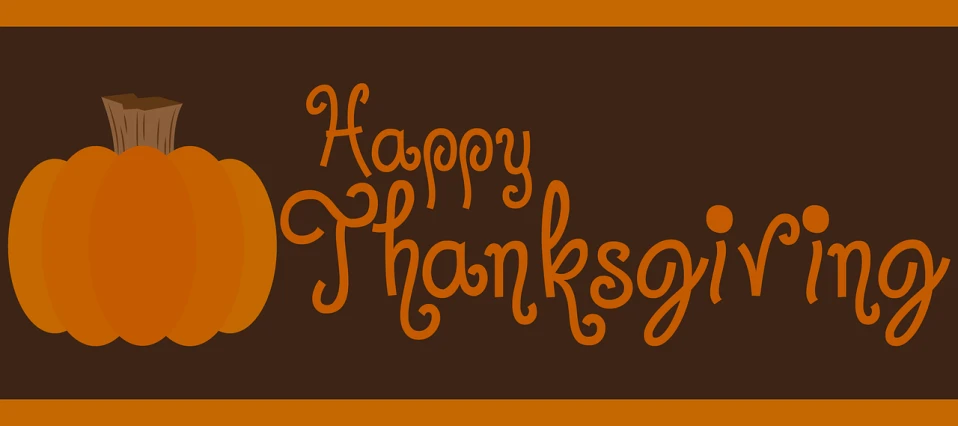 a pumpkin with the words happy thanksgiving written on it, by Linda Sutton, shutterstock, made in adobe illustrator, banner, long, brown