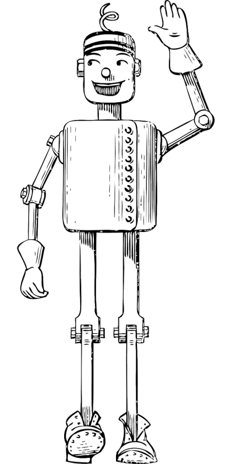 a black and white drawing of a robot, inspired by Oskar Schlemmer, shutterstock, steampunk illustration, ( ( dithered ) ), puppet, illustration black outlining