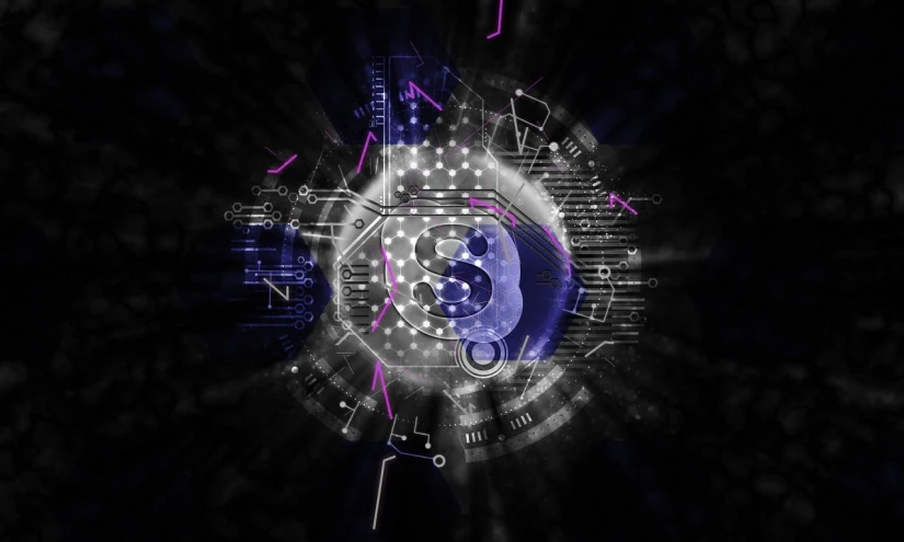 a close up of a clock on a black background, a digital rendering, deviantart, letter s, abstract purple lighting, ghost sphere, key is on the center of image