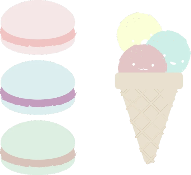 a couple of ice cream cones sitting next to each other, a pastel, inspired by Masamitsu Ōta, macaron, 4 colors, summer night, (3 are winter