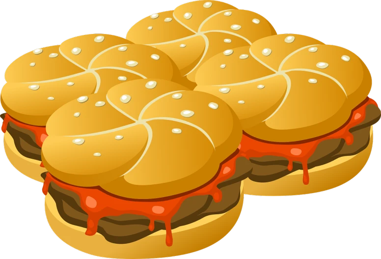 a group of hamburgers sitting on top of each other, a digital rendering, pixabay, sauce, recipe, clipart, background image