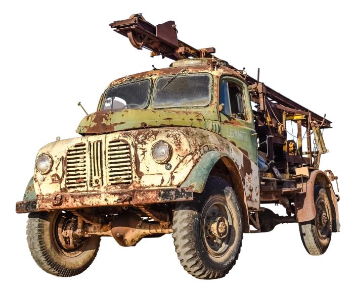 an old truck with a crane on top of it, by Arnie Swekel, shutterstock, photorealism, on black background, abandoned weapons, the ugliest car in the world, australian