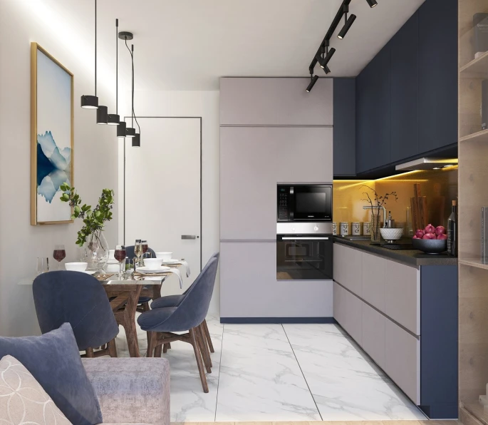 a living room filled with furniture and a dining table, a 3D render, small kitchen, cool purple slate blue lighting, smooth marble surfaces, blue theme and yellow accents