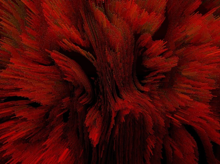 a close up of a red flower on a black background, by George Aleef, generative art, abstract 3d rendering, explosion of data fragments, abstract claymation, glitched background