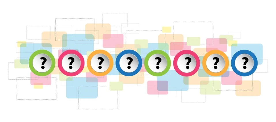 a row of numbers with question marks on them, a screenshot, trending on pixabay, round background, colorful illustration, compressed jpeg, website banner
