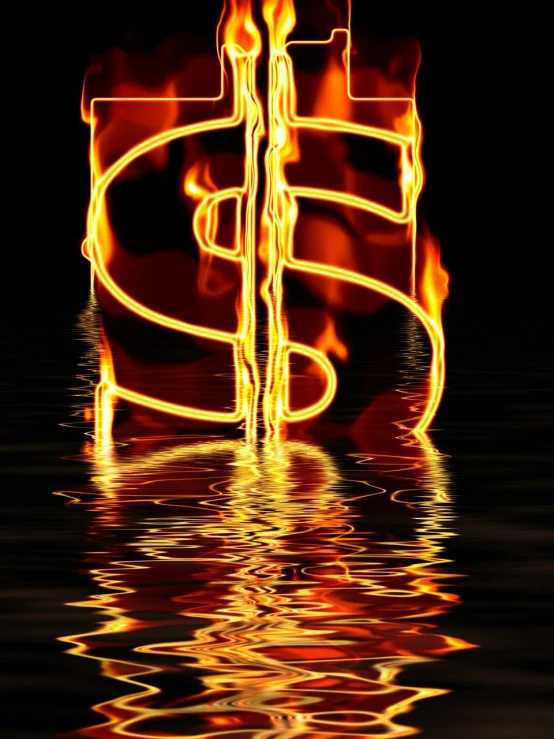 a burning dollar sign sitting on top of a body of water, a digital rendering, by Rodney Joseph Burn, vertical wallpaper, closeup photo, fire reflection, neon version of style jim burns