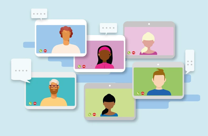 a group of people with speech bubbles above them, a digital rendering, by Whitney Sherman, shutterstock, many screens, shaded flat illustration, webcam screenshot, with a blue background