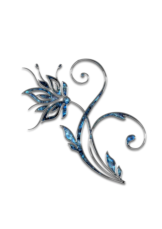 a close up of a flower on a black background, a digital rendering, arabesque, silver and blue colors, fantasy sticker illustration, sapphire butterfly jewellery, simple illustration