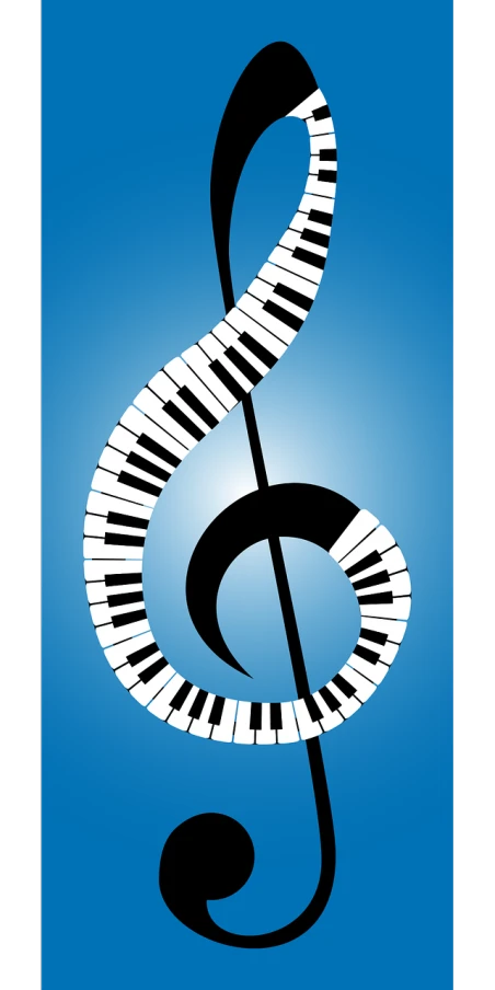 a black and white piano keyboard and a treble, vector art, inspired by John McLaughlin, pixabay, art nouveau, with a blue background, fibonacci composition, stylized silhouette, a tall