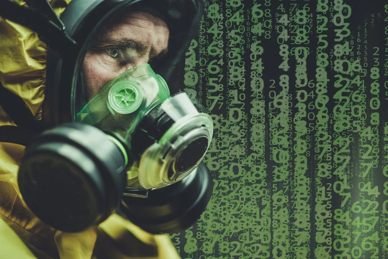 a man wearing a gas mask with numbers in the background, a portrait, shutterstock, nuclear art, green dress with a black hood, crypto, 4 k still from breaking bad, cryptidcore