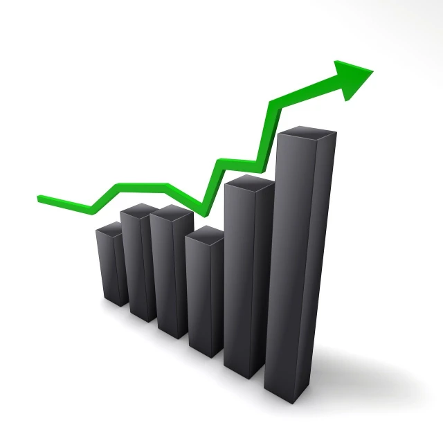 a graph bar chart with an arrow going up, trending on cg society, istockphoto, black, green charts, ceramic