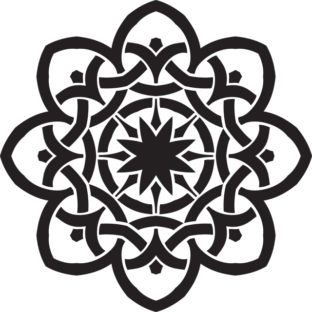 a black and white image of a flower, a digital rendering, inspired by Shūbun Tenshō, deviantart, hurufiyya, celtic knot, on a flat color black background, ornate background, intricate wiccan scene detailing