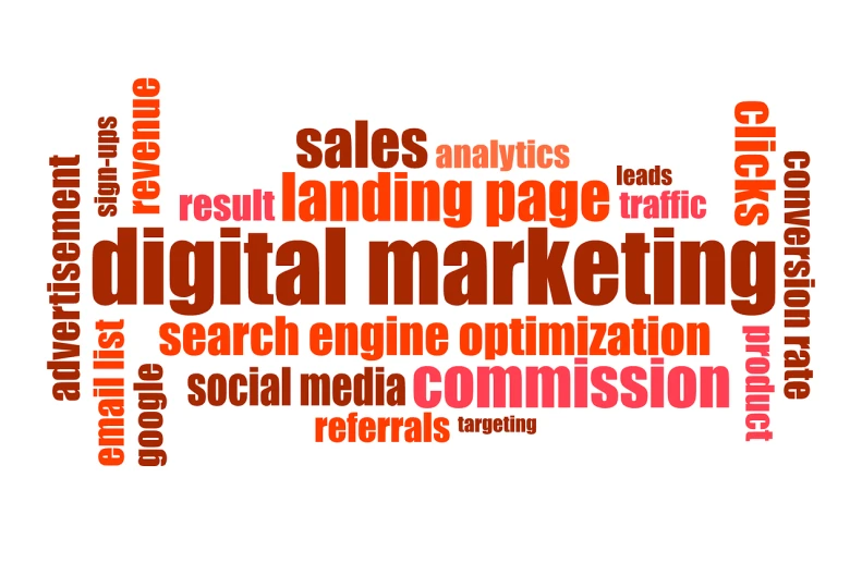 a word cloud of words related to digital marketing, a digital rendering, by Jaime Jones, trending on pixabay, sales, 3 meters, half image, where a large