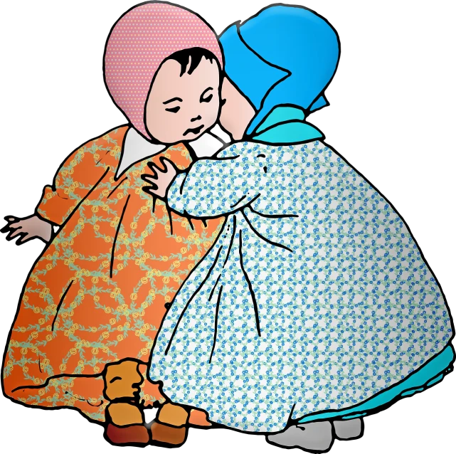 a couple of children standing next to each other, by Eleanor Hughes, pixabay, pop art, licking, touching her clothes, 1840572578, sisters