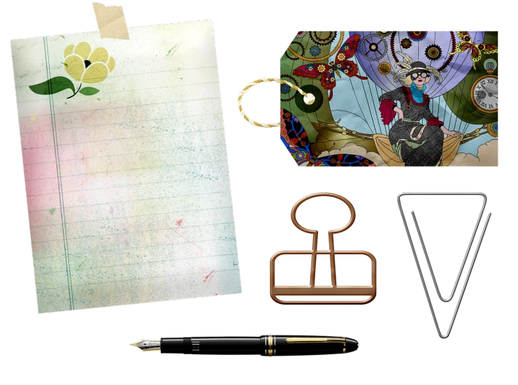 a bunch of stationery items sitting on top of a table, digital art, inspired by Masamitsu Ōta, digital art, background art nouveau, banner, portrait photo, full image