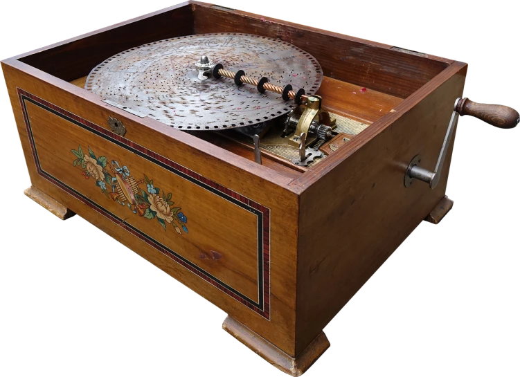 a wooden box with a musical instrument inside of it, by Matthias Stom, pixabay, folk art, spinning records, front side view full sheet, wheel, sold for