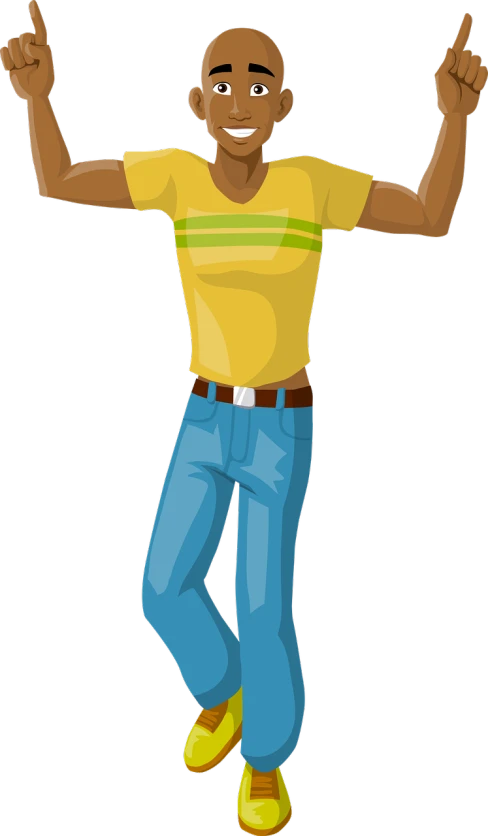 a black man in a yellow shirt and blue jeans, concept art, inspired by Ludovit Fulla, pixabay contest winner, funk art, arms raised, young adult male, sprite 2 d, lucio as a woman