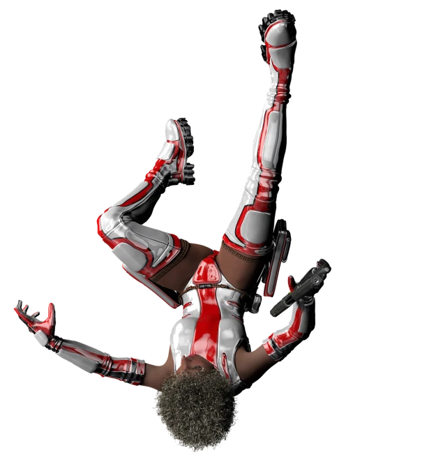 a person that is upside down in the air, a digital rendering, inspired by Rob Liefeld, zbrush central contest winner, afrofuturism, white and red body armor, perfect android girl, high quality fantasy stock photo