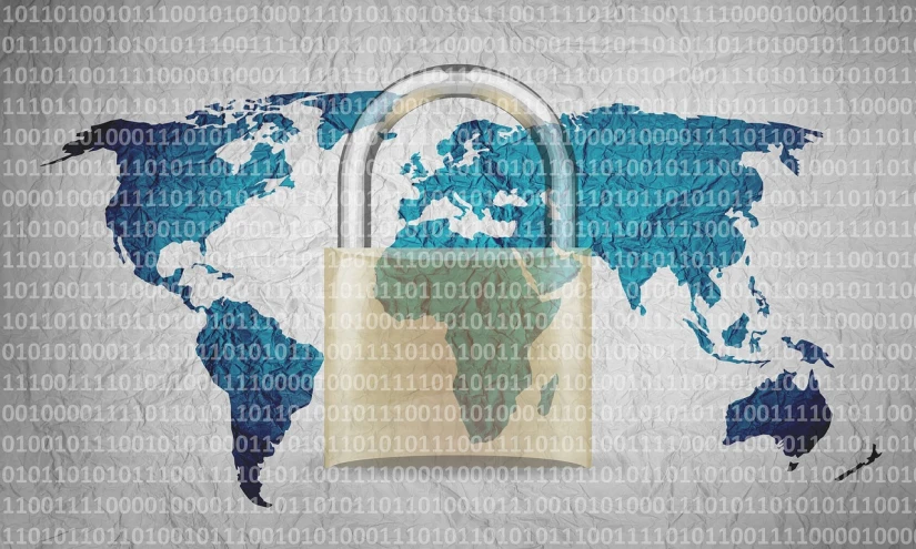 a padlock with a map of the world in the background, a digital rendering, cream, take control of your data, your personal data avatar, pc screen image