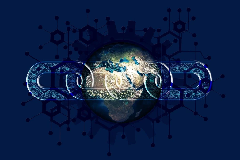 a close up of a chain with a world in the background, a digital rendering, shutterstock, digital art, mechanisms, blue circular hologram, created in adobe illustrator, an ancient
