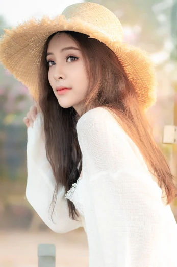 a close up of a person wearing a hat, a picture, inspired by Huang Ji, shutterstock, fine art, beautiful girl, white sleeves, bright daylight indoor photo, song nan li