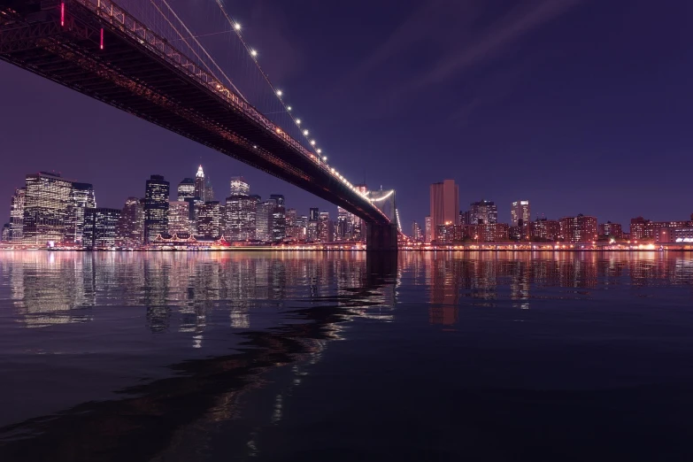 a bridge over a body of water with a city in the background, by Andrei Kolkoutine, pexels contest winner, digital art, new york city at night, istock, reflection, photo of a beautiful