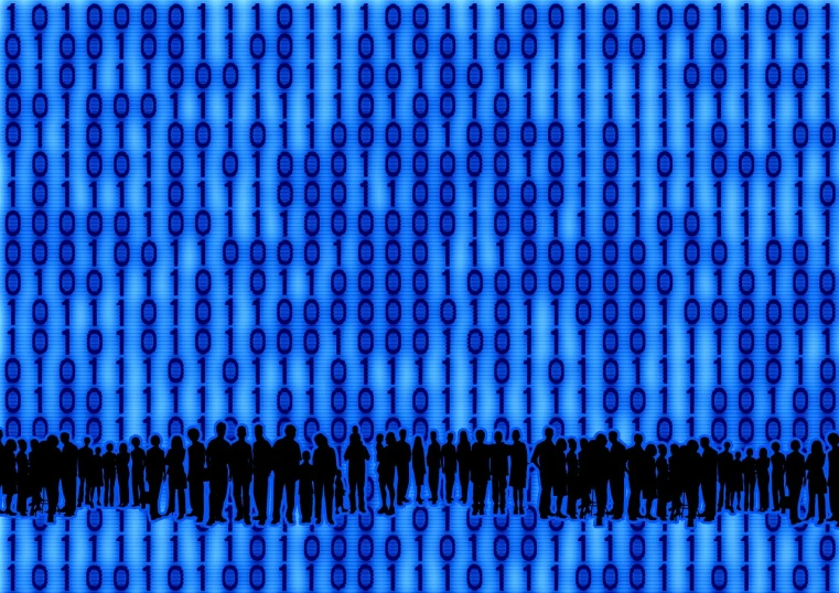 a group of people standing in front of a blue background, a digital rendering, by Alison Watt, pixabay, ascii art, binary, busy crowds, in front of the internet, nitid and detailed background