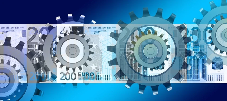 a bunch of gears on a blue background, a digital rendering, trending on pixabay, art nouveau, banknote, plan, with a blue background, eu
