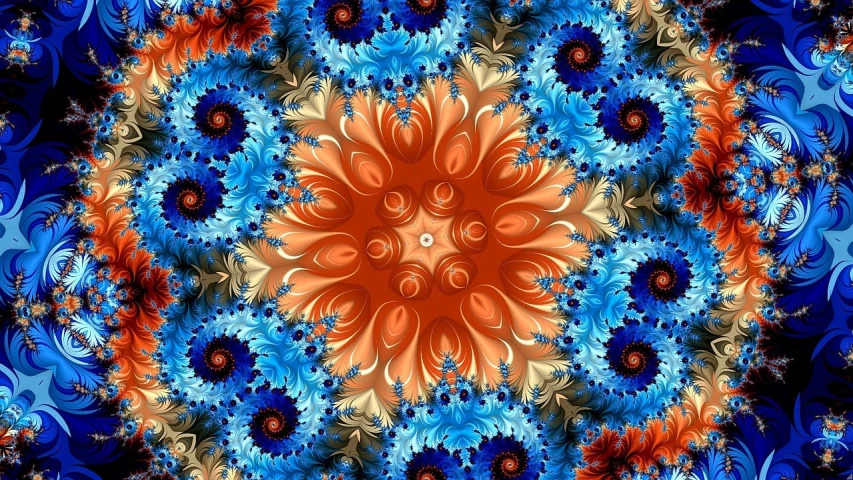 a close up of a flower design on a blue background, inspired by Benoit B. Mandelbrot, orange and blue color scheme, fractal baroque, stunning screenshot, multicolored vector art