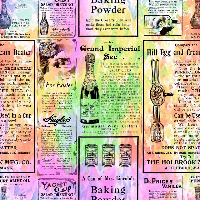 a close up of a menu on a table, inspired by Andy Warhol, trending on pixabay, maximalism, victorian alchemists, repeating pattern, 1 9 2 0 s advert, rainbow liquids