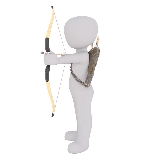 a 3d character holding a bow and arrow, realism, wikihow illustration, over the shoulder shot, product introduction photo