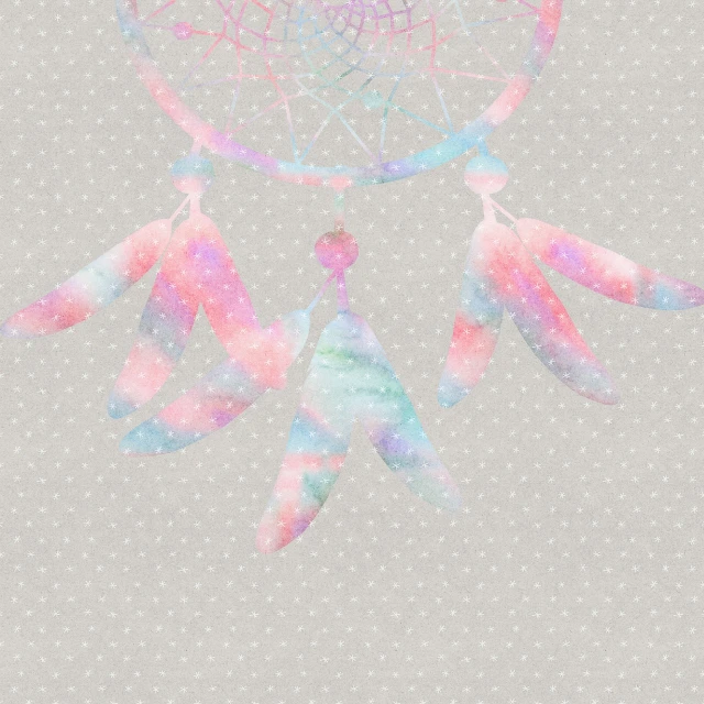 a watercolor drawing of a dream catcher, a pastel, polka dot, feathers texture overlays, pastel faded grey rainbow, holo
