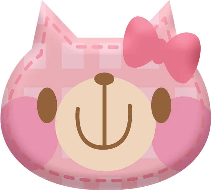 a pink cat with a pink bow on its head, a digital rendering, sōsaku hanga, !subtle smiling!, front face asymmetrical, female face, full plate