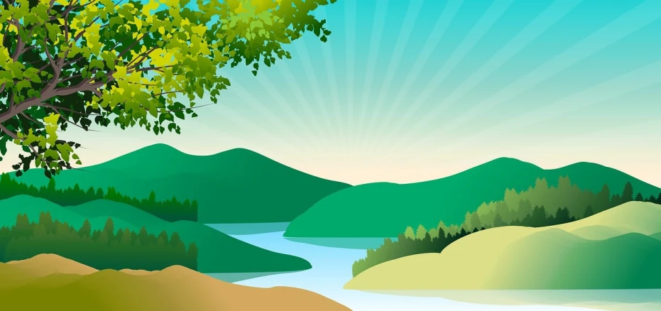 a river running through a lush green forest, an illustration of, inspired by A. J. Casson, shutterstock, naive art, sunny sky background, rays, a lake between mountains, without text