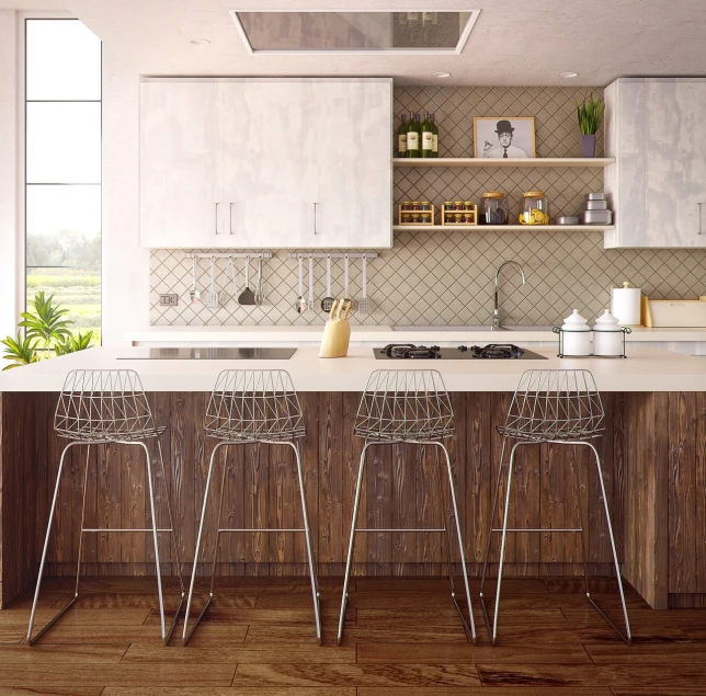 the kitchen is clean and ready for us to use, a portrait, inspired by Louis Pohl, pexels, modernism, realistic rendering for stool, zig zag, neotraditional modern, stools