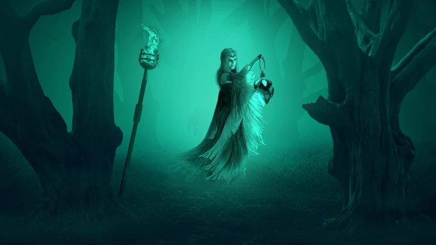 a woman in a long dress holding a scythe in a forest, inspired by Mike Winkelmann, polycount contest winner, frozen ii movie still, halloween wallpaper with ghosts, animation still screencap, holding a scepter