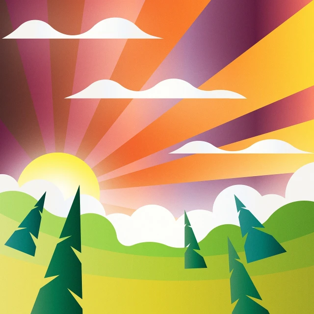 a group of trees sitting on top of a lush green field, vector art, by Marshall Arisman, shutterstock, naive art, refracted sunset, fir forest, rich bright sunny colors, art deco illustration