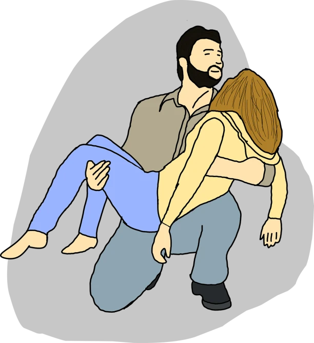 a man carrying a woman on his back, an illustration of, by Tom Carapic, pixabay, the victim is in the center, sitting on the floor, colored, with a black background