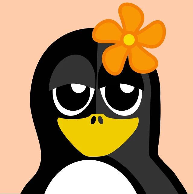 a penguin with a flower on its head, vector art, orange backgorund, beautiful grumpy girl, large black eyes, giant daisy flower under head